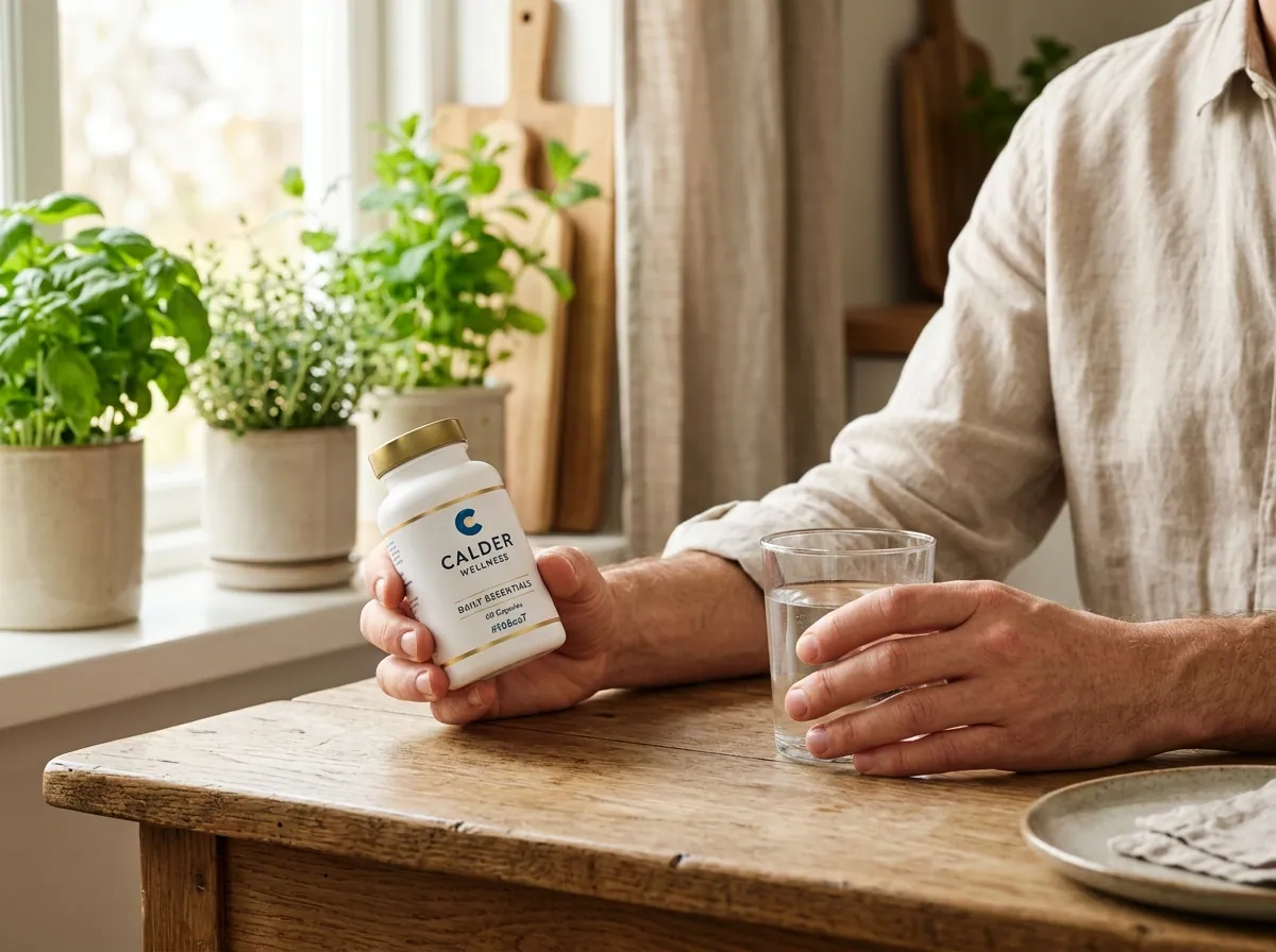 Handen met Alpha Drive voedingssupplement en glas water op keukentafel - ochtendlicht